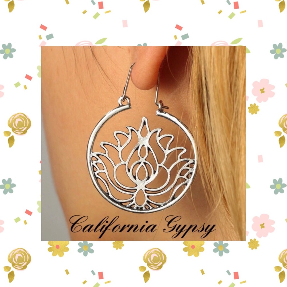 Lotus Boho hippie silver hoop earrings🎋 - Picture 4 of 7